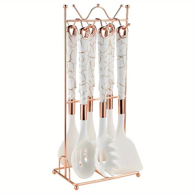 TEMU 7個のシリコンキッチンウェアセット、ポット、シャベル、スープスプーン、スパゲッティクロー、調理セット、収納ラック付き、家庭用キッチンツー