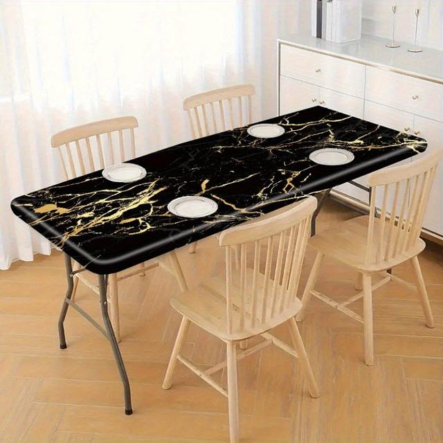 TEMU 1 Black Marble Tablecloth - Polyester, Rectangular Outdoor Picnic Table Cover With Elastic Corners, Vibrant Colors, Mandala Pattern | Polyester Fabric, Picnic Accessories