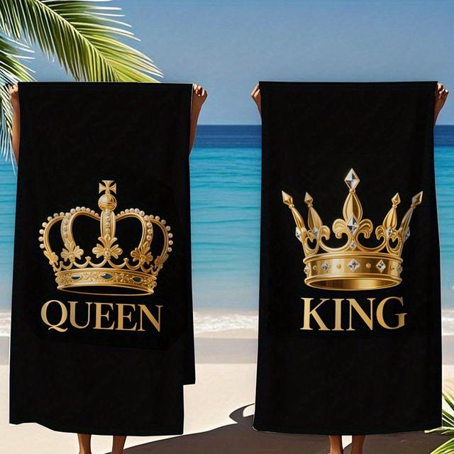 TEMU 2pcs Crown Couple Beach Towels - , Quick-dry Polyester Swim, Fitness & Yoga Towels With Design - Ideal For Travel & Beach Use, Beach Towels| Design|lightweight Fabric, Beach