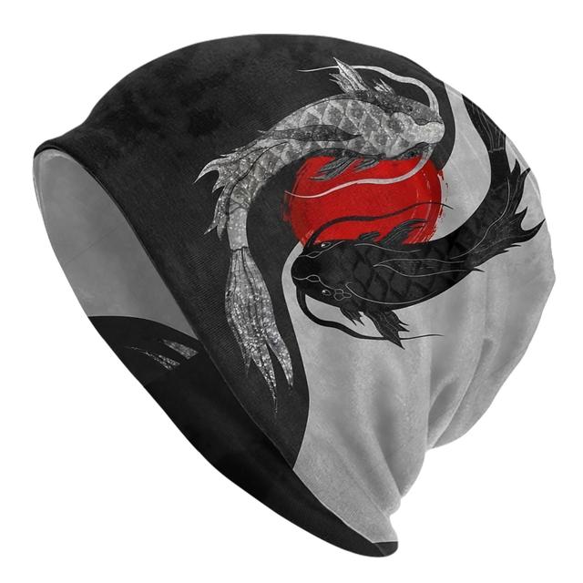 TEMU Men' Koi Fish /chinese Asian Art Bonnet Hat - Streetwear Beanie With Koi Patches, Cultural Hip Hop Accessory For Themed Events & Daily Wear (novelty)