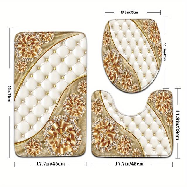 TEMU 3pcs Luxury Set - Plush Soft Non-slip With Pattern, Beige/brown/, Thick Cushioned Toilet Lid Cover & U-shaped, -fade For Modern Bathroom (easy-clean)