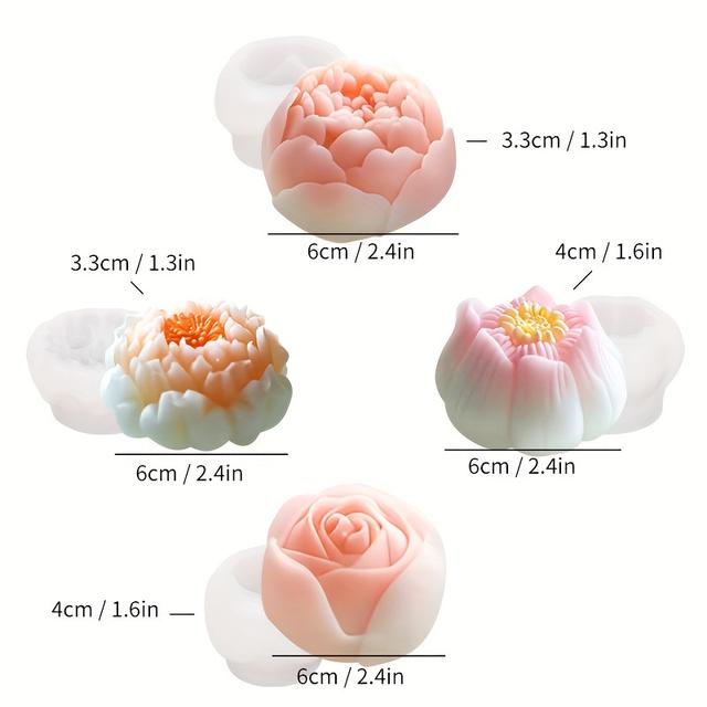 TEMU Flower Silicone Mold Set Of 4pcs: Rose, For Lotus, Hibiscus, Peony - Candle, Resin, Plaster Etc