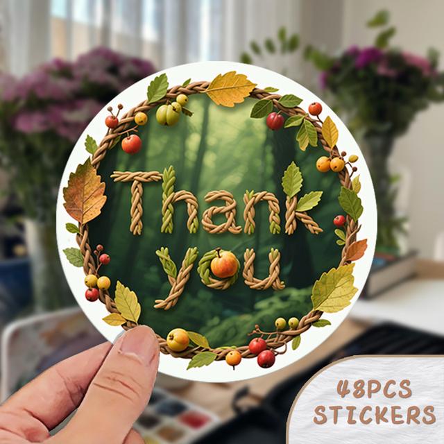 TEMU ชุดสติ๊กเกอร์ฤดูใบไม้ร่วง 48 ชิ้น - การออกแบบมงกุฎ "" พร้อมใบไม้ฤดูใบไม้ร่วงที่สดใส, กรวยสนและเบอร์รี่, วัสดุ PVC, เหมาะสำหรับการทักทายตามฤดูกาลและการตกแต่งบ้าน, การตกแต่งฤดูใบไม้ร่วงสำหรับบ้าน