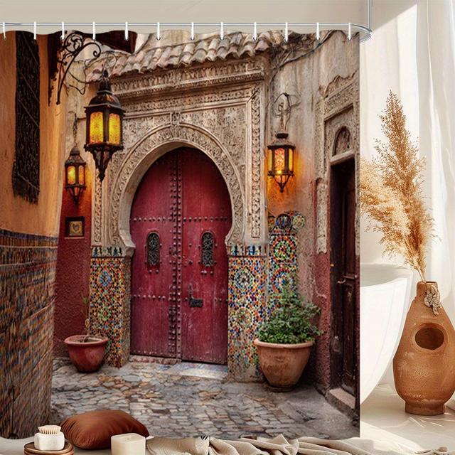 TEMU 1pc Moroccan Vintage Door Shower Curtain Colorful Mosaic Pattern Polyester Fabric Bathroom Decor Bathtub Divider Hanging Curtain Set 70.8x70.8 Inch With Hooks For A Unique