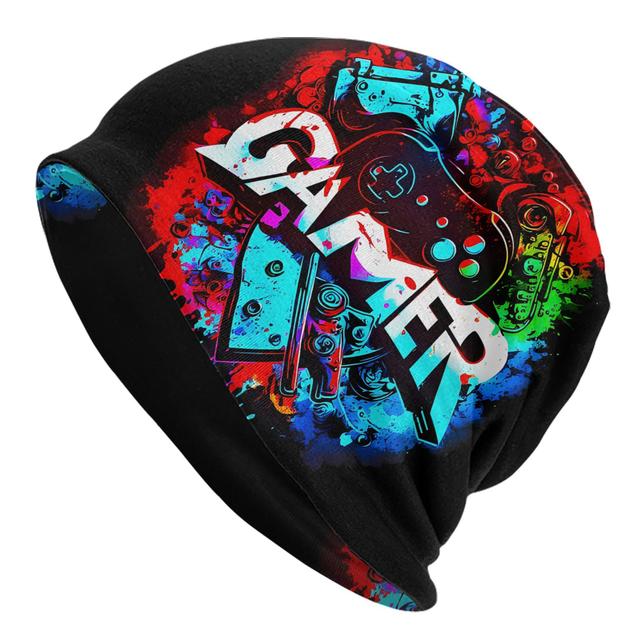 TEMU Fashionable Gamer Bonnet Beanie, 95% Polyester 5% Elastane, Knitted Skull Cap, Novelty Gaming Hat For Men, Comfortable