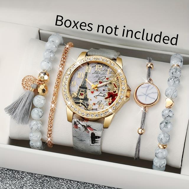 TEMU 5pcs Women's Elegant Round Quartz Watch & Matching Bracelet - Pu Strap Wristwatch Suitable For Daily Wear,, Parties