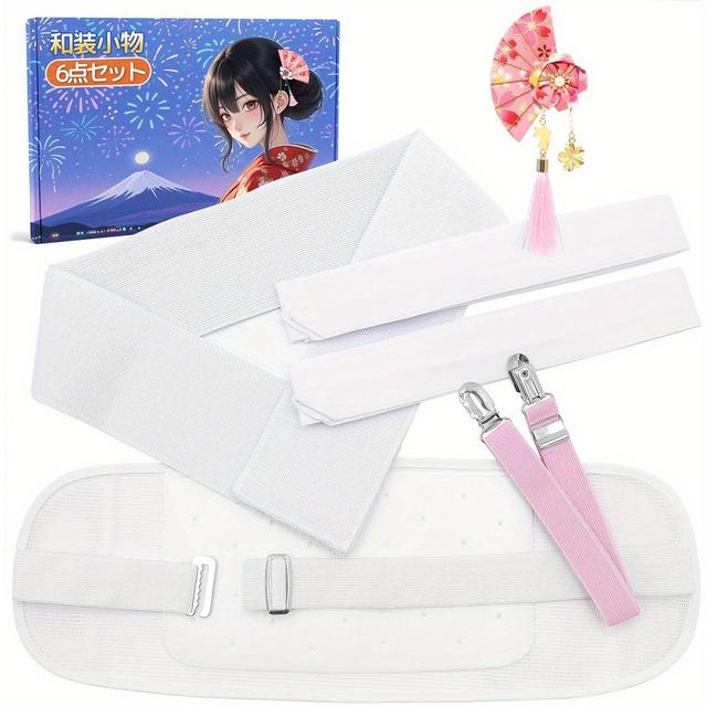 TEMU BAFUEVD 6点セットキモノアクセサリーセット：ユカサマーキット（メッシュバンド/ベルト/2ウエラップ/メッシュマジックベルト/ヘアオーナメント）、結婚式、ドレス、パーティー、お茶会に適しています。装束、の服装、トなキモノセット、伝統的な日本風、軽量キモノピース、通気性メッシュ生地、キモノアクセサリー、キモノセット、ブライダルパーティー着用、文化イベント参加者向け