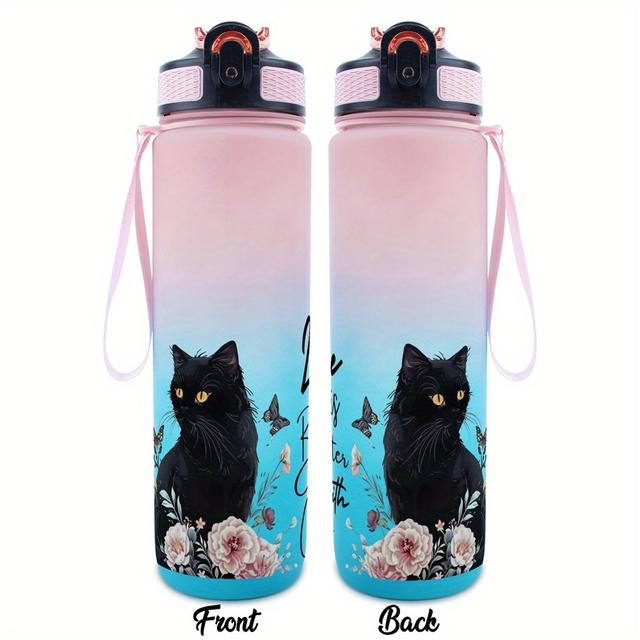TEMU 1 Stück 32oz Sport-Wasserflasche, ist besser mit Katzen – Blumen-Schwarzkatzen-Design, geeignet für Sport, Fitness, Outdoor-Reisen, Zeitmarkierung, langlebige große Kapazität für Wanderungen