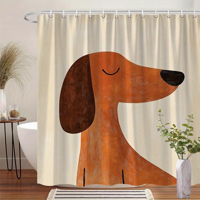 TEMU 1 cortina de ducha minimalista con un perro salchicha estilizado en un -marrón, complementada por líneas geométricas modernas. Este diseño limpio y como decoración de baño un gran regalo.