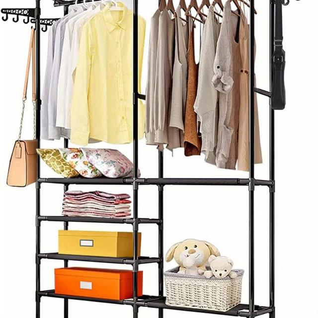 TEMU Clothes Rails Heavy Duty Garment Rack Hanging Rack Black Coat Display Stand Open Storage Wardrobe With 4 Hangers Hooks 6 Tiers Shoes Organizer Shelf For Hallway Living Room Bedroom