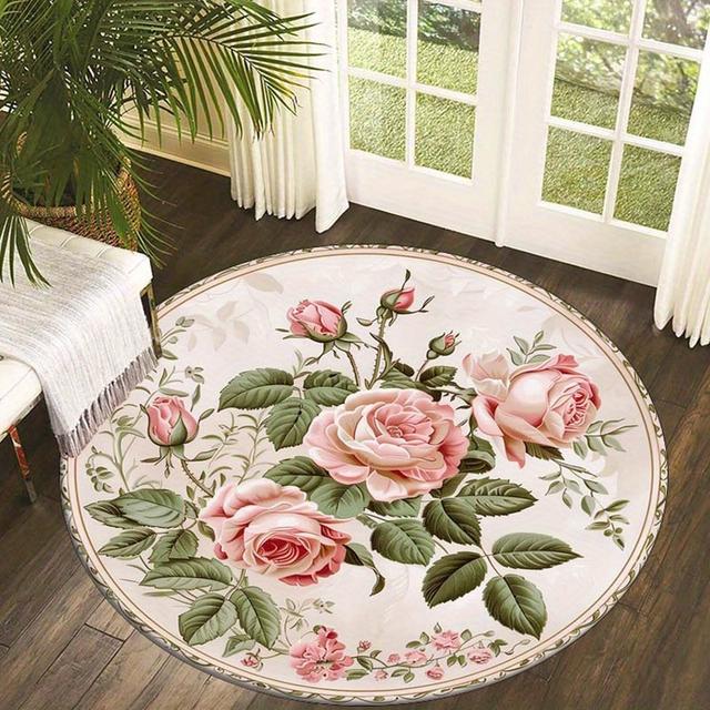 TEMU Elegant Rose Pattern Round Rug - Washable, Non-slip Polyester Carpet For Living Room, Bedroom, Dining Area - Decor