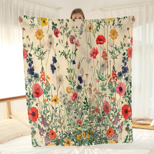 TEMU بطانية سرير من الفلانيل بطباعة زهور رقمية - نمط زهور برية مختلطة، رمي مريح من البوليستر لجميع ، تصميم عصري، قابلة للغسل في الغسالة - قطعة واحدة