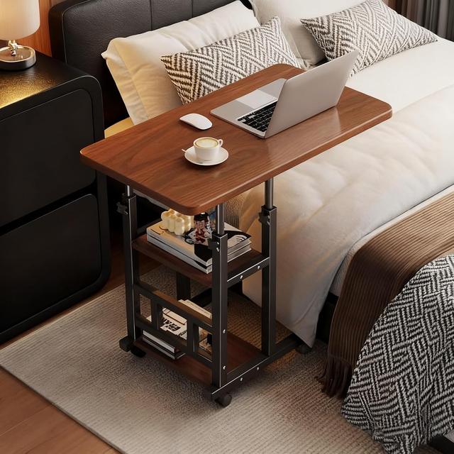 TEMU Overbed Table With Wheels Adjustable Height | Heavy Duty Metal Leg, Side Computer Workstation, Wood Top, For Bedroom On Use, Brown, 80 * 40cm/31 * 15in
