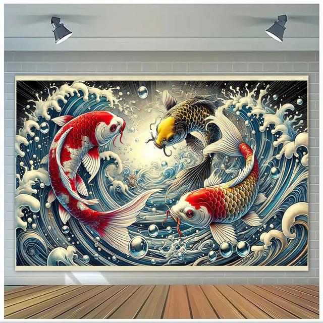 TEMU Vibrant Koi Fish Swimming Banner - 7x5ft Polyester Party Decor, Photo Booths, Wall Displays & Celebrations In Classrooms, Offices & More