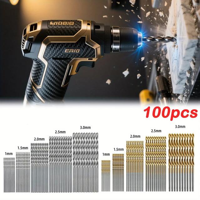 TEMU 100pcs Titanium Coated Steel Drill Bit Set- Essential Power Tool Accessories For Diy And Home Renovation, Suitable For Wood, Plastic, And Other Soft Surfaces. Slot Planer Drill Bit