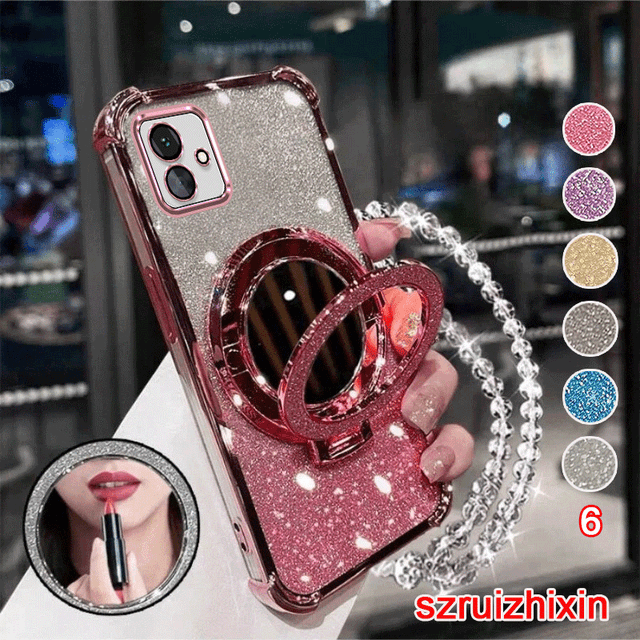 TEMU Funda para Teléfono - Carcasa de Lujo para Samsung A07, A06, A05, A04 y A04E Disponible en Colores, con Cubierta Antigolpes, Espejo de Maquillaje, Soporte y Correa de Muñeca con Cadena