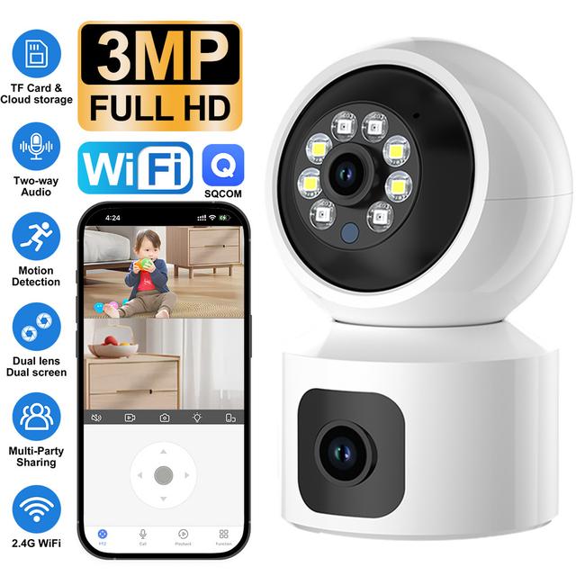 TEMU A Dual-lens Wifi Camera Designed For Indoor Surveillance Featuring Motion Detection, Communication, Night Vision, App Notifications For Home And Pet Monitoring, And A 2.4ghz Wireless Connection