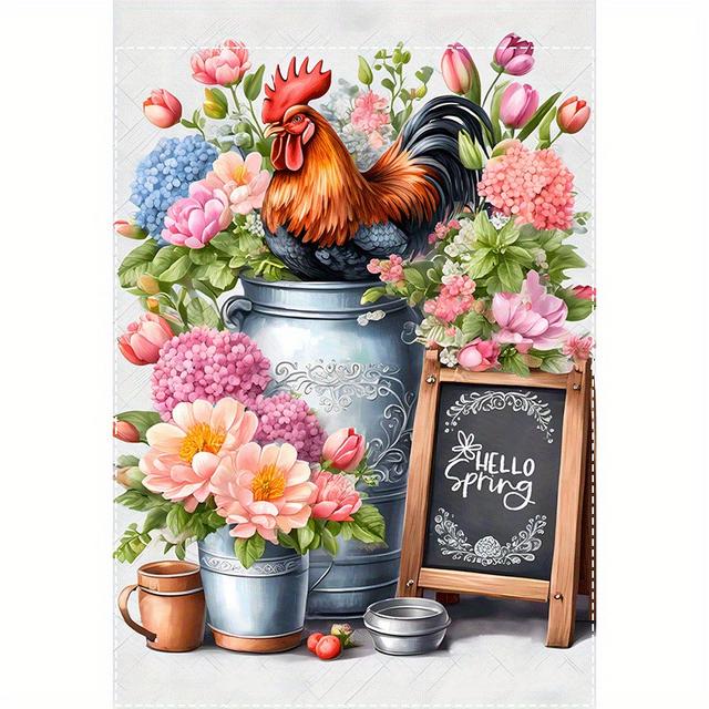TEMU 1pc Flag With Rooster And Flowers - Double-sided, Fade-resistant, Polyester Decorative Banner For Patio, Market, Home - 12x18 Inches