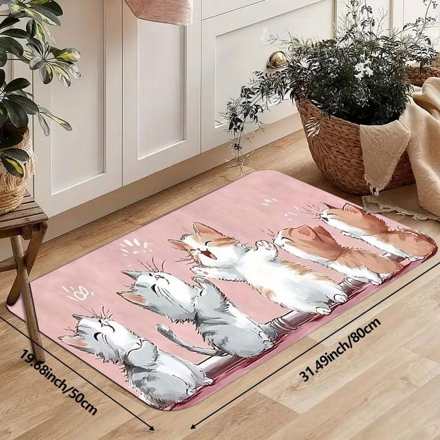 TEMU 【可愛いキッチンマット】滑り止め付き、洗濯可能なポリエステル製ラグ。ピンクの背景に、遊び心のある5匹の子猫のデザインが特徴。カウンタートップや床に最適。カウンタートップマット｜デザイン｜ペット好きのインテリア、キッチンマット、キッチン