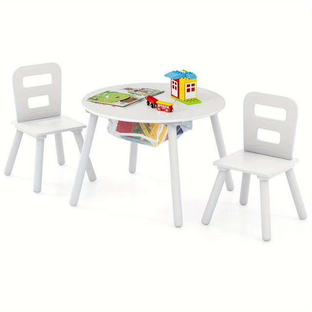 TEMU Safstar Kids Wooden Round Table & 2 Chair Set W/ Center Mesh Storage
