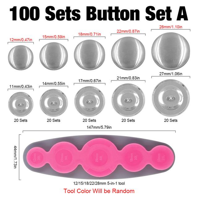 TEMU Juegos de 100/120 botones de tapa de 12/15/22/28/38 mm, botones de tela con herramienta de instalación manual para chaqueta de tela, abrigo, accesorios de marroquinería DIY