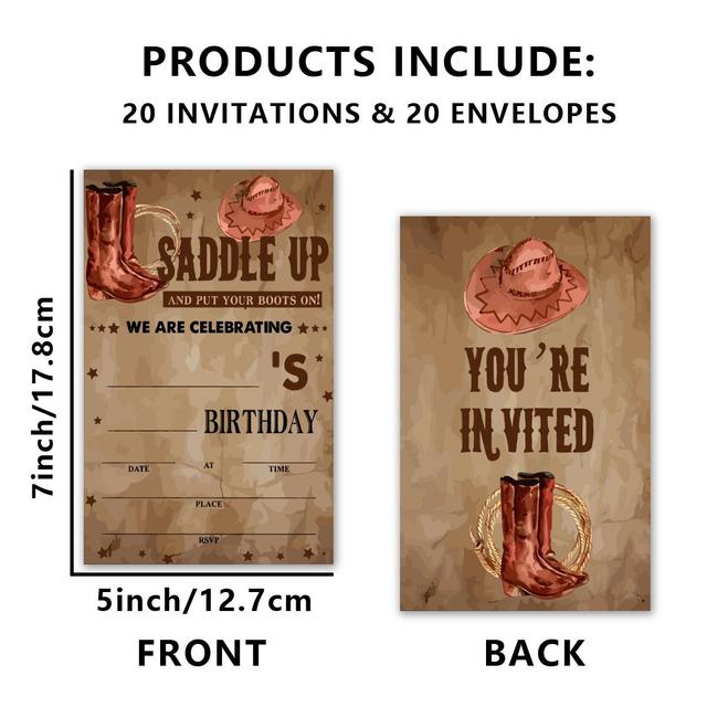 TEMU 20 Pack Western Cartoon Theme Birthday Invitation Cards With Envelopes, Paper Party Invitations For Celebrating Milestones, No Electricity Required