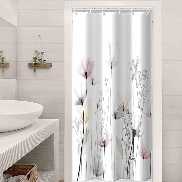 TEMU 1pc Cortina de Baño con Estampado Digital de Flores Blancas para Navidad, Sin Agujeros, División de Baño en Poliéster