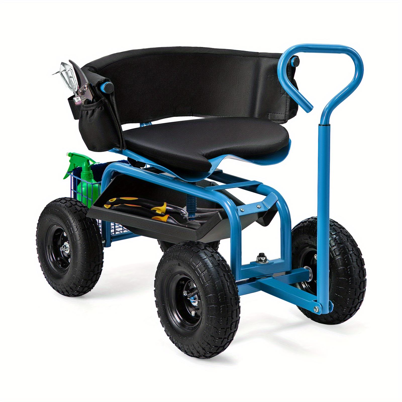 TEMU Goflame Garden Cart With Seat, Heavy-duty Rolling Wagon Scooter W/ Wheels, Height Adjustable & Seat, Storage Tray & Basket, Handle, Outdoor Gardening Work Seat For Patio Yard