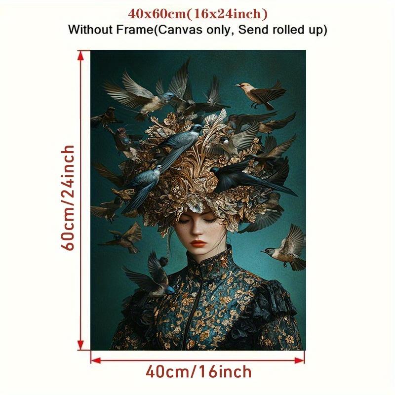TEMU 1pc Woman With Birds Flying Around Her Head Frameless Canvas Poster - Uv-resistant Wall Suitable For Bathroom, Living Room, - Elegant Woman & Birds Gift For Women, Housewarming, Office -