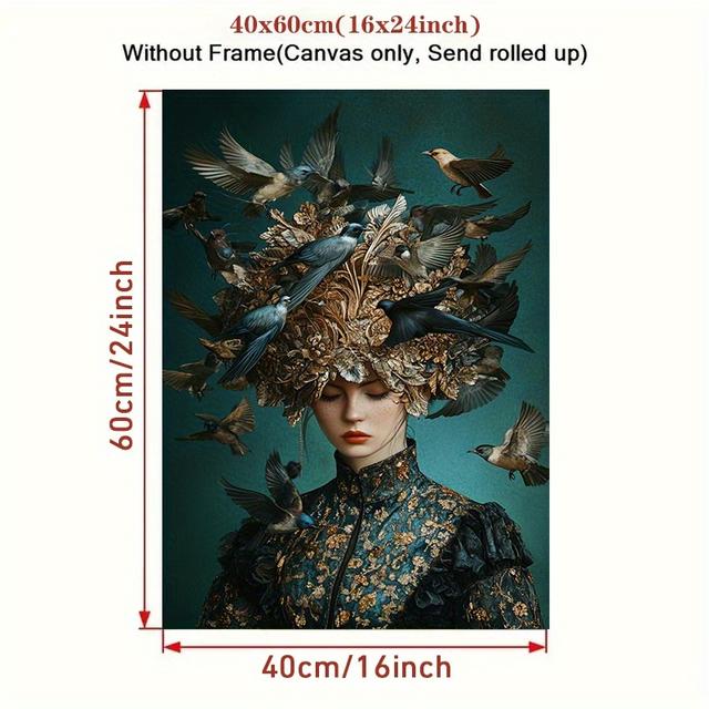 TEMU 1pc Woman With Birds Flying Around Her Head Frameless Canvas Poster - Uv-resistant Wall Suitable For Bathroom, Living Room, - Elegant Woman & Birds Gift For Women, Housewarming, Office -