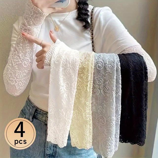 TEMU 4pcs Women's Lace Sun Arm Sleeves - Elegant, Breathable Knit Fabric, Solid For Summer , Summer Arm Covers|elegant Sleeve Design|knit Construction