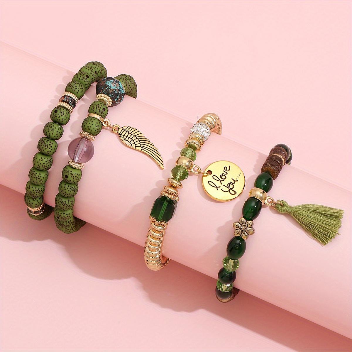 TEMU 4 Bohemian Vintage Tassel Elastic Bracelet With Wings "i Love You" Pendant For Women' Wear And Holiday Gifts