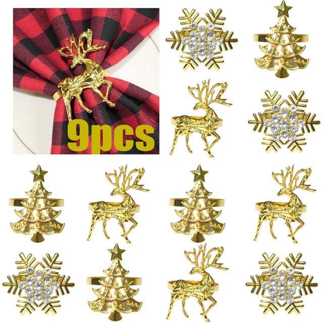 TEMU 9 anillos para servilletas navideñas, clips brillantes dorados de , copo de nieve y renos para decoraciones de mesa de fiestas de invierno, elegantes anillos para servilletas