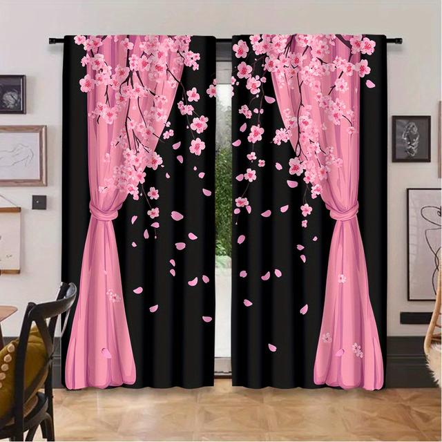 TEMU 2pcs Cherry Print Curtains - Romantic Design For Bedroom, Study, Japanese Tea Room - Semi-transparent Polyester, Rod Pocket, Machine Washable - Elegant Spring Decor, Curtains For Living Room