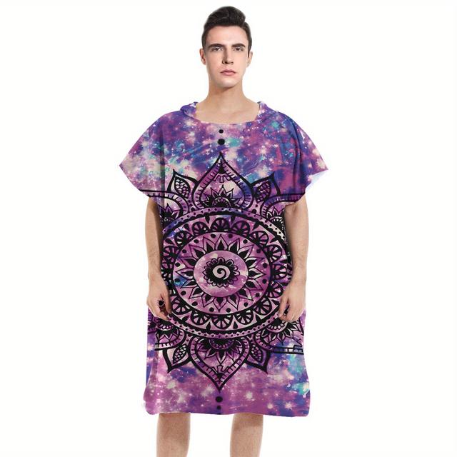TEMU 1pc Microfiber Beach Towel Hooded Bathrobe, Modern Fabric, Fiber, 250gsm, With Mandala Pattern For Swimming And Traveling, Beach