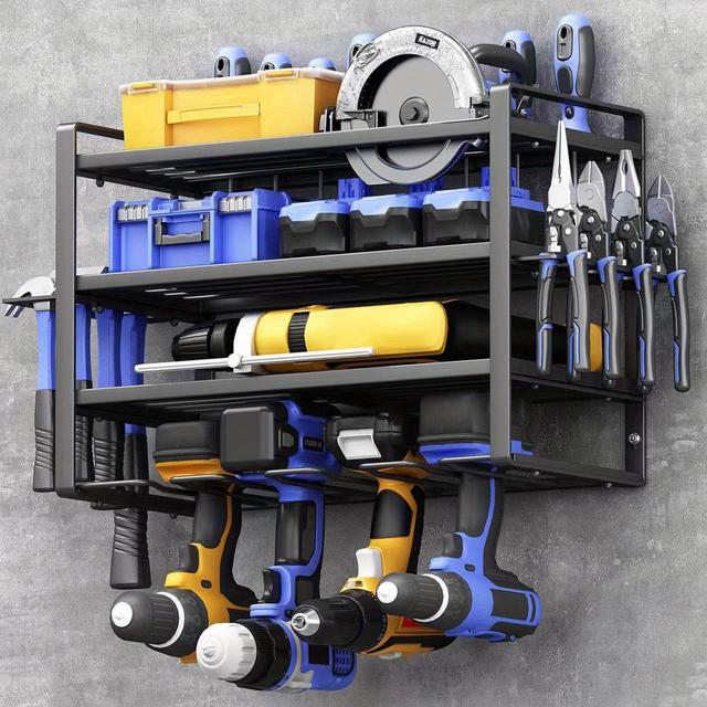 TEMU Power Tool Organizer Storage Rack Wall Mount Drill Holder For Drill Tools, Mesh Anti- , Tool Shelving With Side Screwdriver Rack And Hooks For Garage, Workshop Storage And Organization