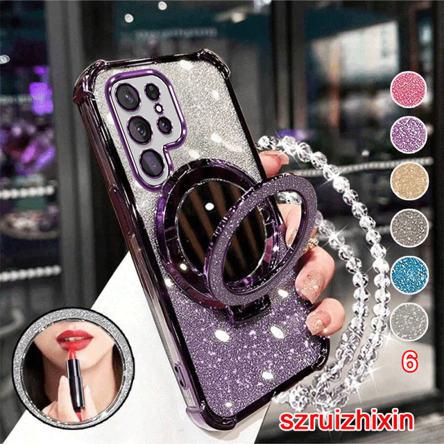 TEMU 삼성 갤럭시 S26 울트라 S26 전용 폰케이스: 6가지 컬러 충격방지 소프트 케이스, 럭셔리 메이크업 미러 스탠드 홀더, 킥스탠드, 손목 스트랩 및 핸드 브레이슬릿 체인 랜야드 포함