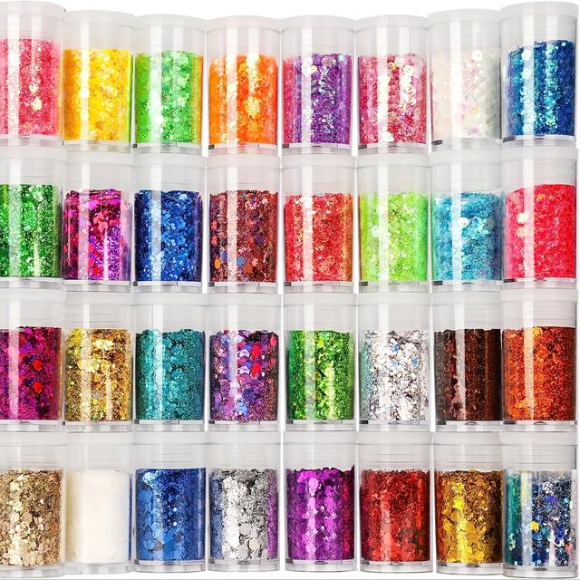 TEMU 32個の輝く虹色のグラッター - メイクアップ、ボディ、髪、爪、レジンアート用の粗いと細かいグラッターフレーク - 3つのサイズの多色アイリズエントのフレーク、目、顔、ボディグラッターに最適