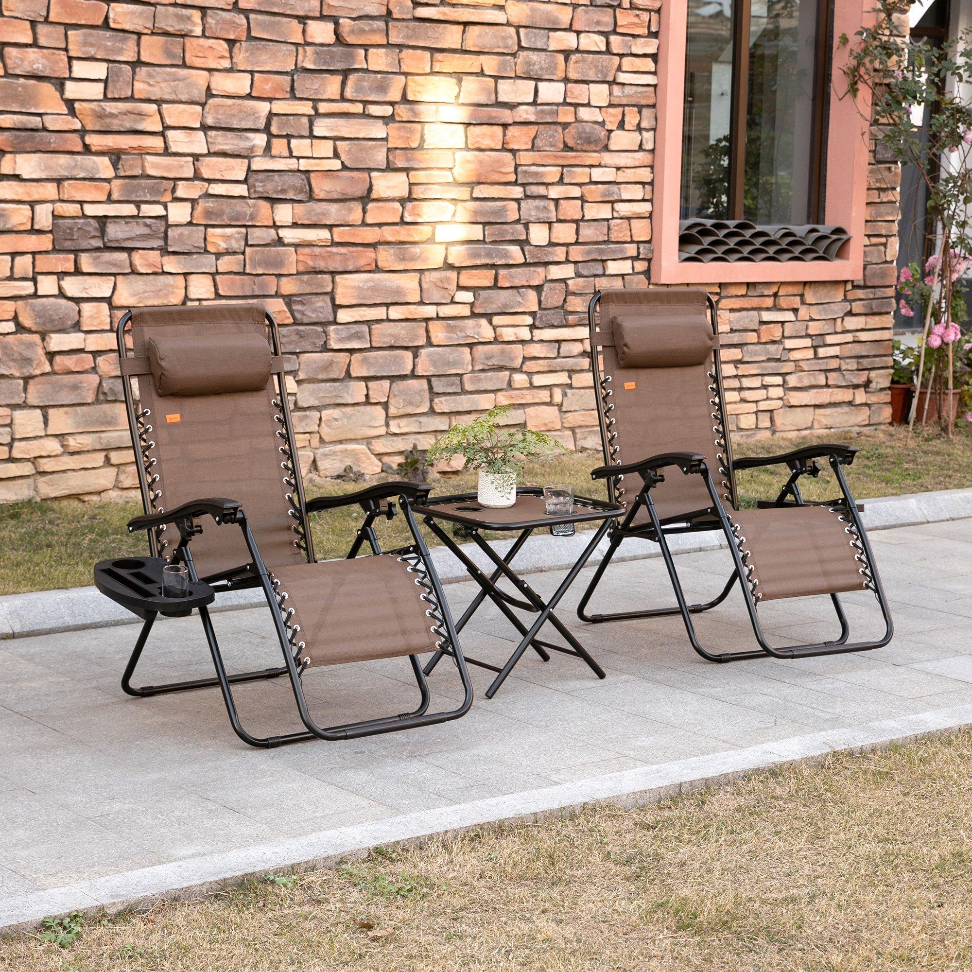 TEMU Outsunny 0 Gravity Chair Set With Folding Table & Cup Holder Trays | Brown, Polyester Cover, Low Carbon , Manual Reclining, Ideal For Camping