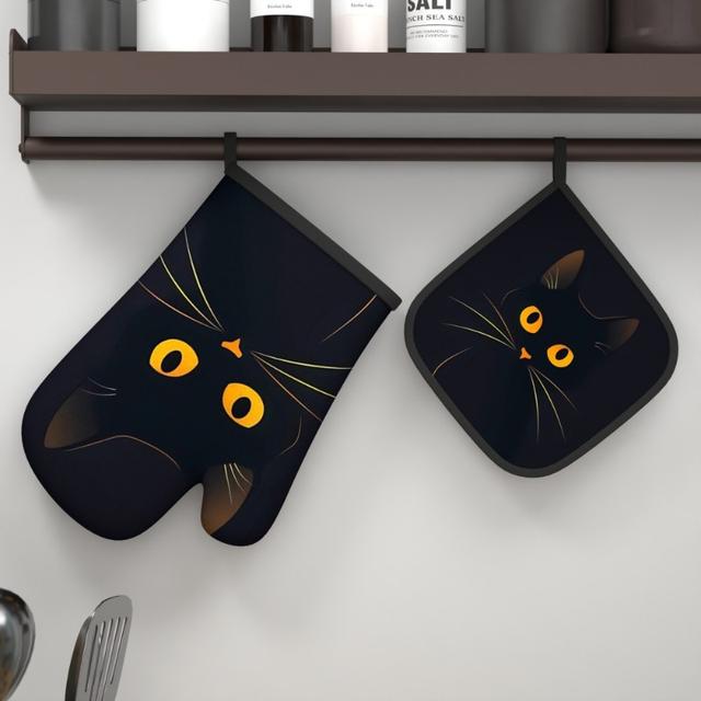TEMU Of -resistant Oven Mitts And Pot Holders Featuring A Black Kitten Design, Measuring 10.6 By 6.7 Inches, Ideal For Cooking, Baking, Home Use, Kitchen Decor, And As A Housewarming Gift.