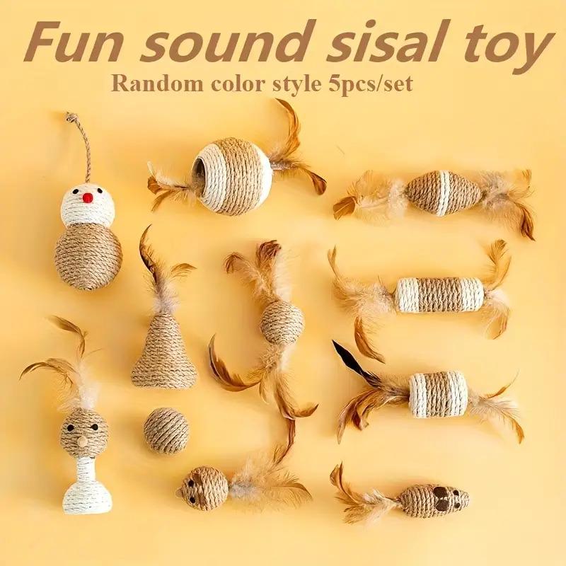 TEMU Set mit 5 Indoor-Spielzeugen für Katzen | Kauspielzeug aus Sisal & Falschen Federn | Fesselnde Kratzaktivitäten | Spielzeugset ohne Batterien