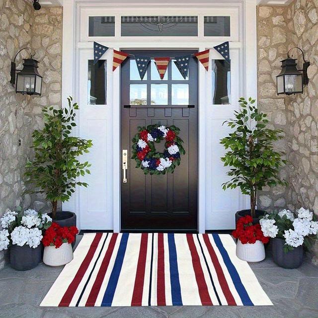 TEMU 1pc Patriotic Flannel Floor Mat- Blue, White, And Red Striped Stars And , Durable Rustic Style Porch Decoration, Summer Entryway Decoration, Easy To Clean