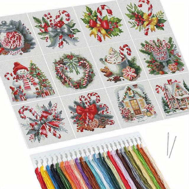 TEMU 12pcs Kit de broderie DIY mettant en valeur un design de en neige sur toile imprimée, parfait pour le bricolage et la décoration intérieure, idéal cadeau de Noël.