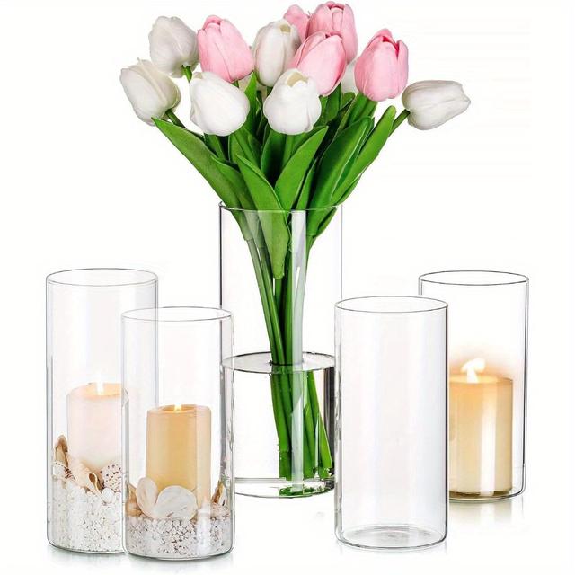 TEMU Glasvasen-Set aus 15 Teilen, zylindrische Vasen für Tischdekoration, Tulpenvase, große Vase, Kerzenständer, Glaszylinder-Set, Hochzeitsvasenset, Höhe 13/15/20 cm