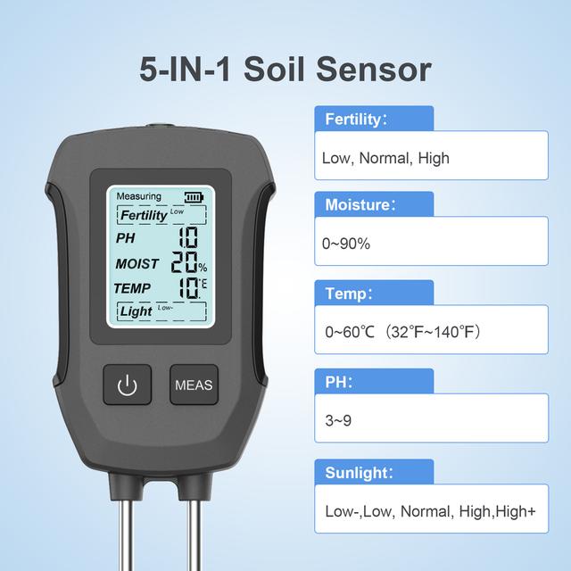 TEMU Insoma 5 In1 Soil Tester For Potted Plants & Lawns, Tests Soil , Temperature, Humidity, Ph, Light, Large Lcd Screen With Backlight, Multi-display, / Conversion, Off, Garden Tools