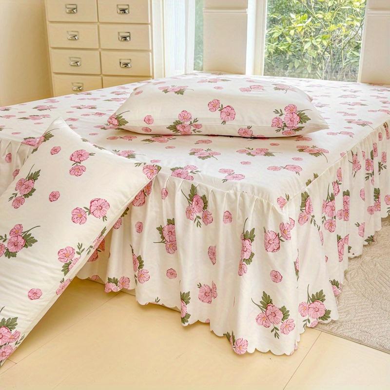 TEMU : Pink Cherry Pattern 3pcs Bed Skirt Set (1 Bed Skirt + 2 Pillowcases) - Synthetic Fiber Fabric, Washed Finish, Soft And Machine Washable, Suitable For , Pillow Inserts Not Included