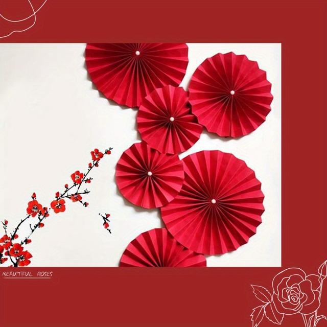 TEMU 6pcs Wedding Room Decoration Paper Fan Flower Set Wedding Folding Fan Wedding Round Fan New House Scene Arransynthetic Gemstoneent Pearl Paper Fan Flower
