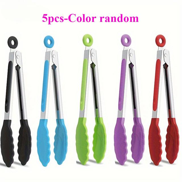 TEMU 5pcs Heat-resistant Silicone Kitchen Tongs - , Stainless Steel With Silicone Tips - Cooking, Grilling, Camping, And Picnics - Essential Kitchen Tools And Cookware Accessories.