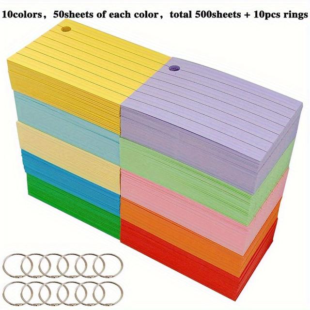 TEMU 500-sheet Lined Colored Index Cards With Rings – 7.62x5.08cm Ruled Flashcards For Study, Learning, And School Notes – Paper Note Cards With Holes, Includes 10 Binder Rings