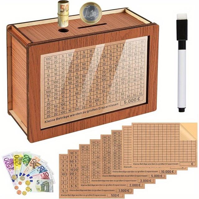 TEMU Wooden Penny Bank With Counter, 1 Savings Box With , Wooden Savings Box With Labeled Stickers, Reusable , Promoting Adult Savings Habits(500-10000 Euros)